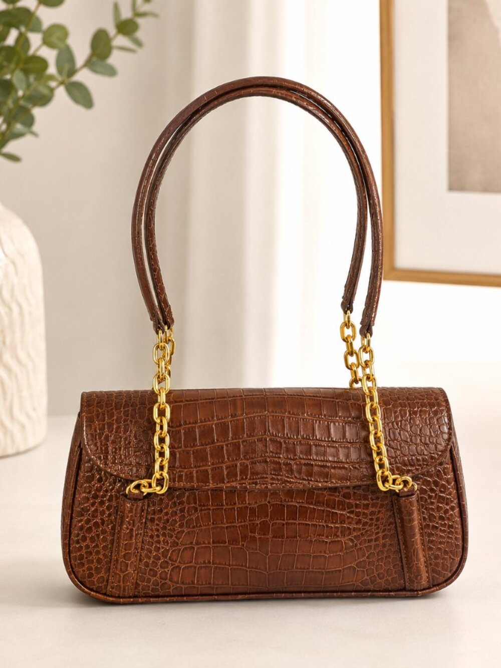 Talbots Brown Croc-Embossed Leather Shoulder Bag – New With Tags